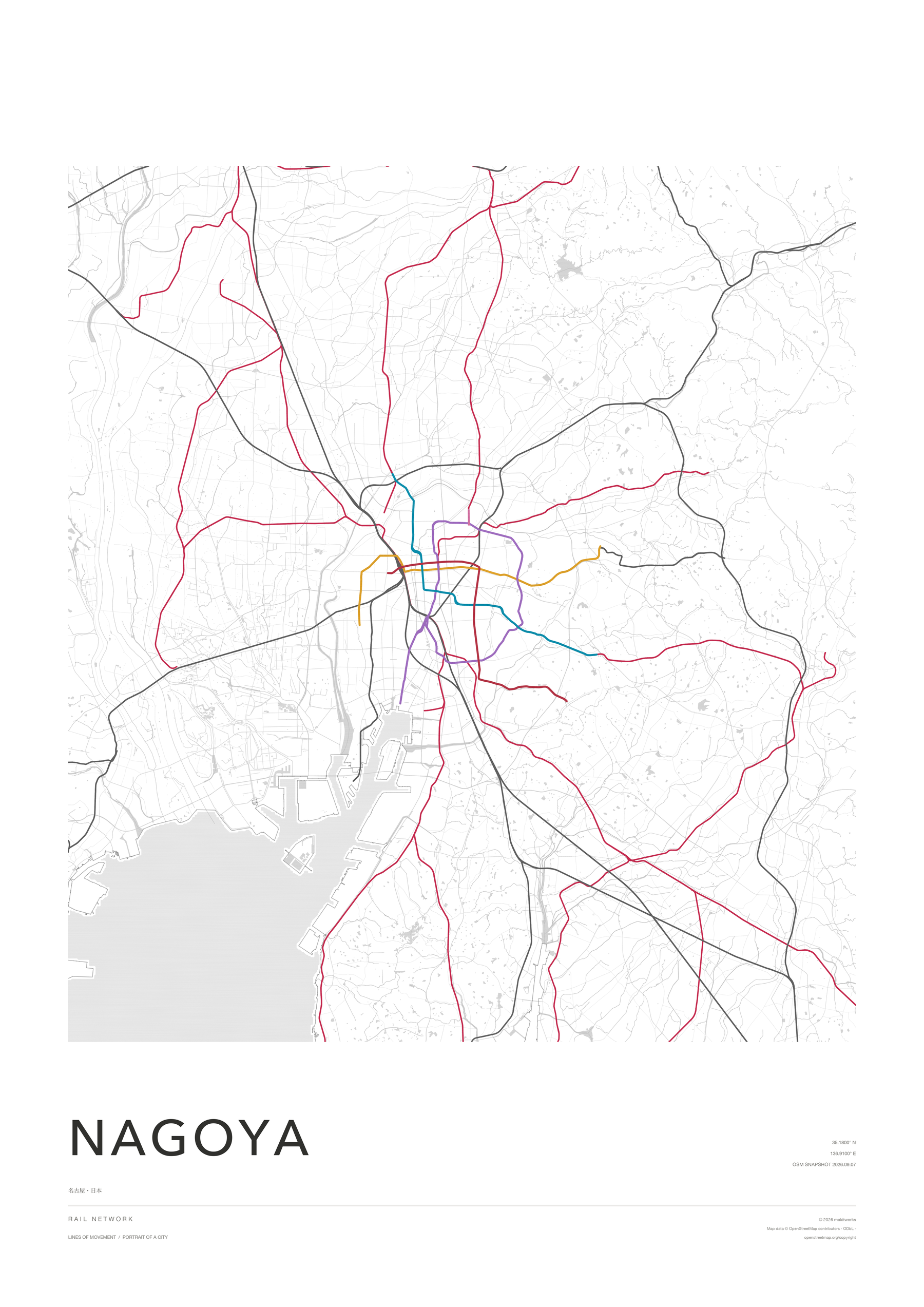 Rail network artwork of Nagoya with colored routes over a pale city map.