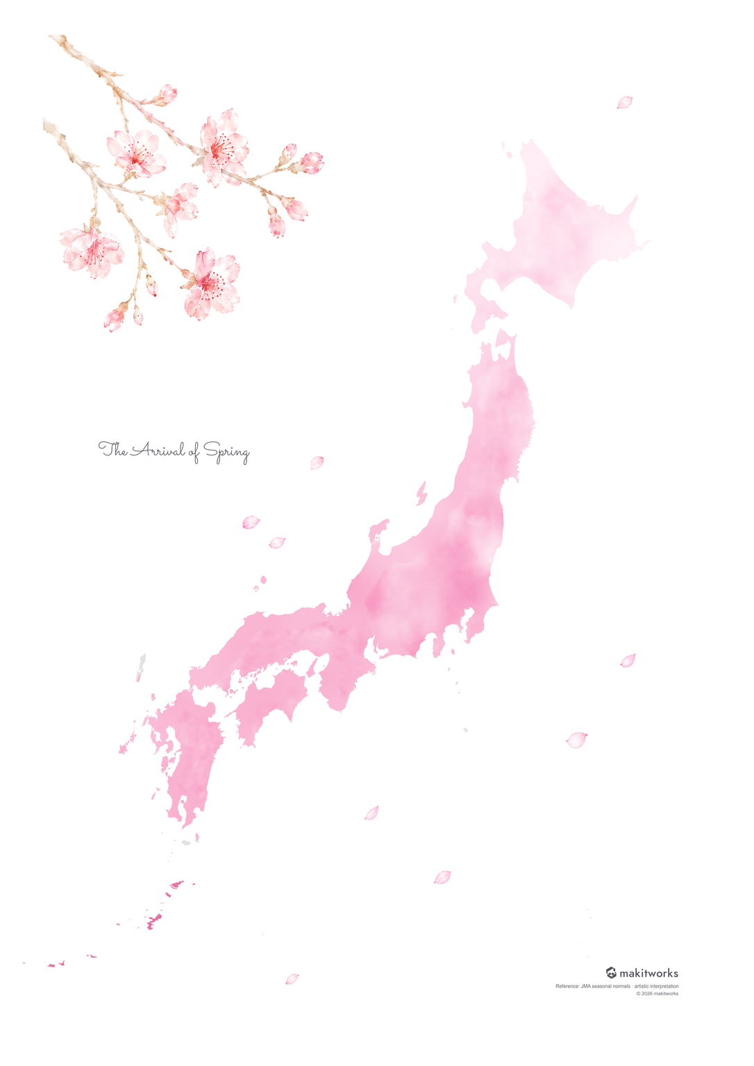 Watercolor map of Japan in pink, accompanied by cherry blossoms.